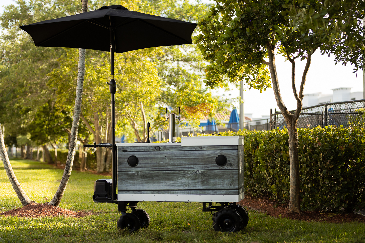 mobile bar cart on wheels with umbrella